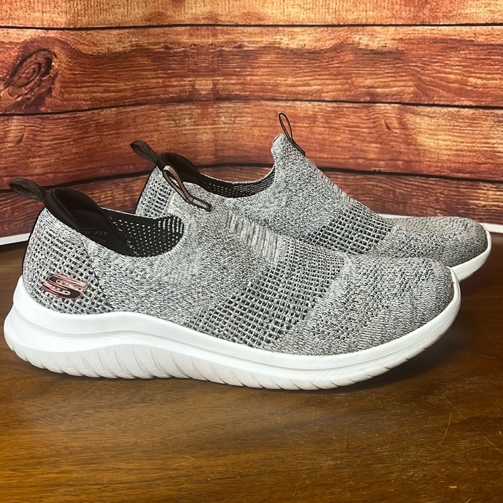 Skechers Grey UltraFlex Slip On Flyknit Memory Foam Stretch Walking Shoe